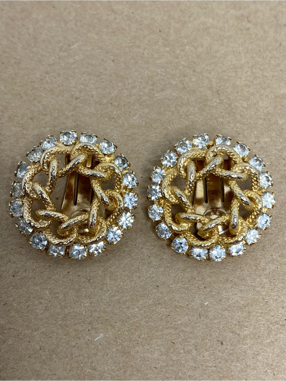 Vintage Rope Knot Clear Rhinestone Round Clip On Earrings Gold Tone